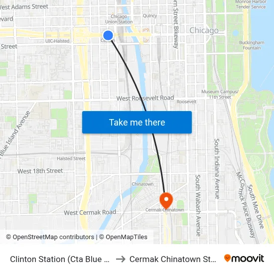 Clinton Station (Cta Blue Line) to Cermak Chinatown Station map