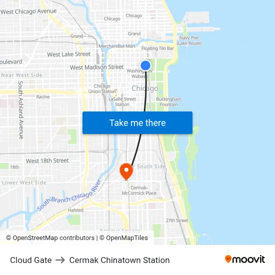 Cloud Gate to Cermak Chinatown Station map