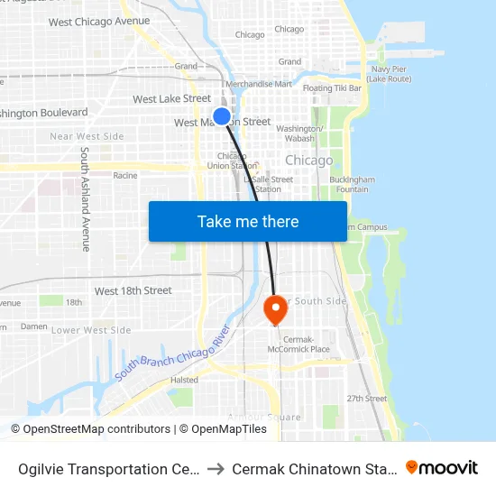 Ogilvie Transportation Center to Cermak Chinatown Station map
