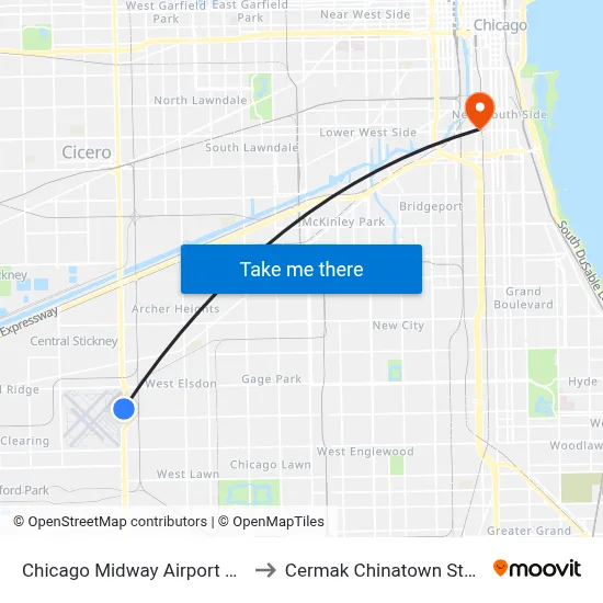 Chicago Midway Airport MDW to Cermak Chinatown Station map