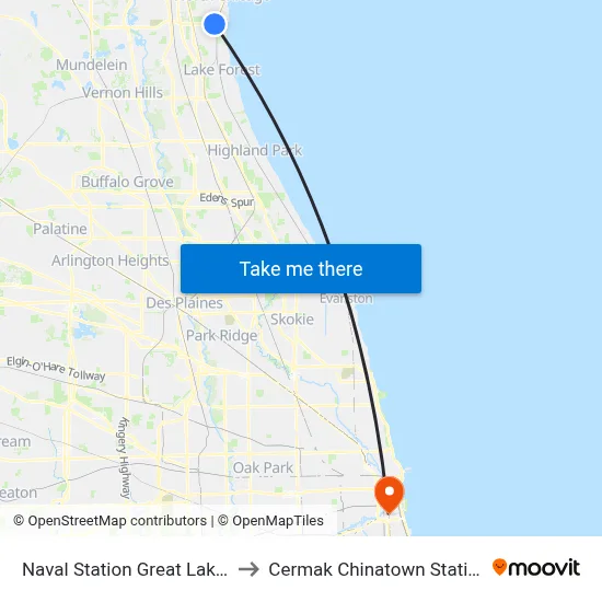 Naval Station Great Lakes to Cermak Chinatown Station map