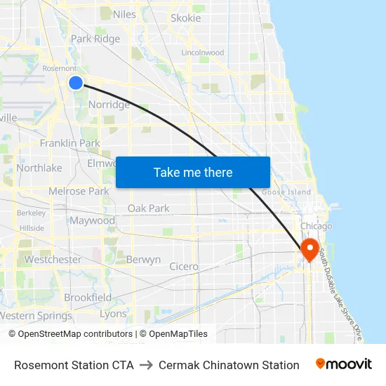 Rosemont Station CTA to Cermak Chinatown Station map