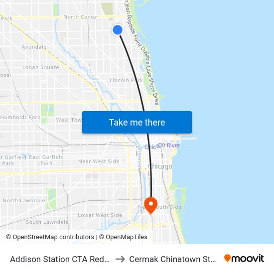 Addison Station CTA Red Line to Cermak Chinatown Station map