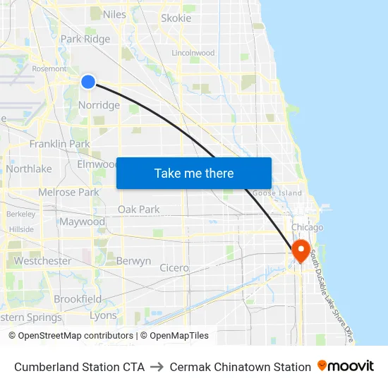 Cumberland Station CTA to Cermak Chinatown Station map