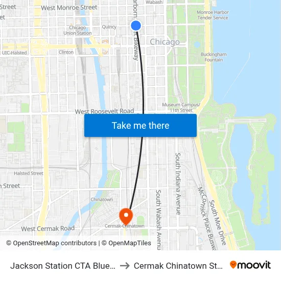 Jackson Station CTA Blue Line to Cermak Chinatown Station map