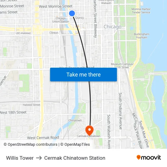 Willis Tower to Cermak Chinatown Station map