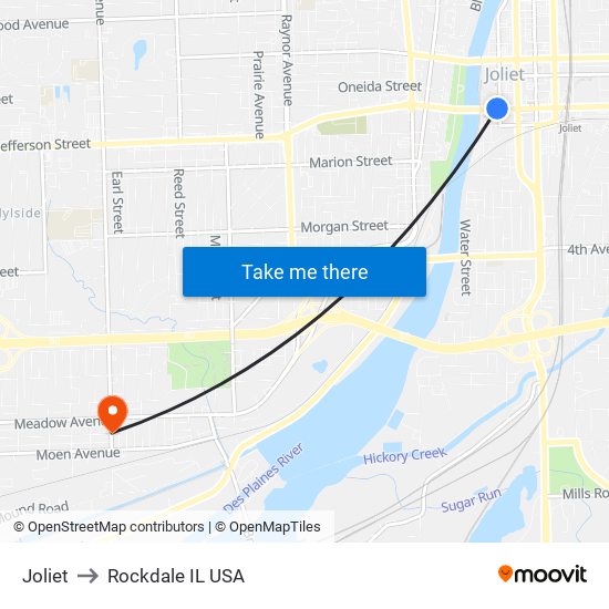 Joliet to Rockdale IL USA map