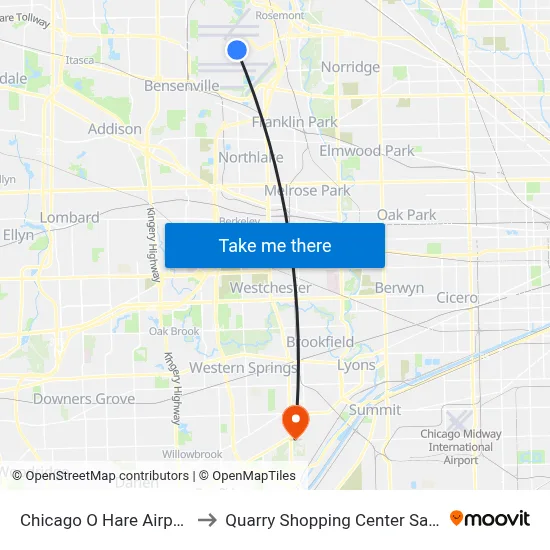 Chicago O Hare Airport ORD to Quarry Shopping Center Sam s Club map