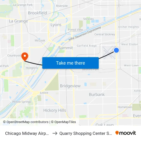 Chicago Midway Airport MDW to Quarry Shopping Center Sam s Club map