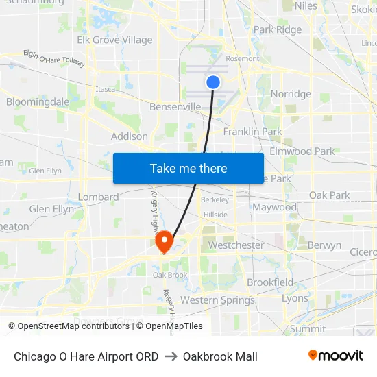 Chicago O Hare Airport ORD to Oakbrook Mall map