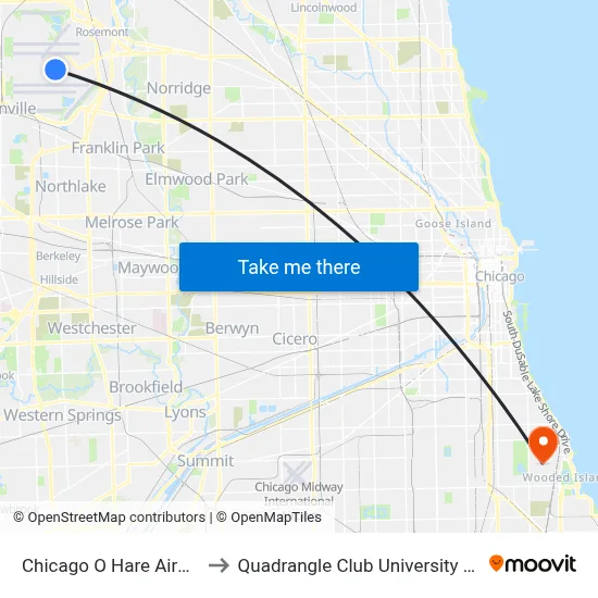 Chicago O Hare Airport ORD to Quadrangle Club University of Chicago map