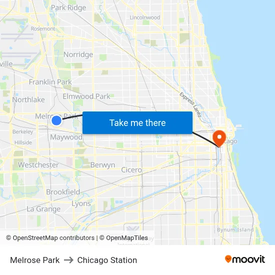 Melrose Park to Chicago Station map