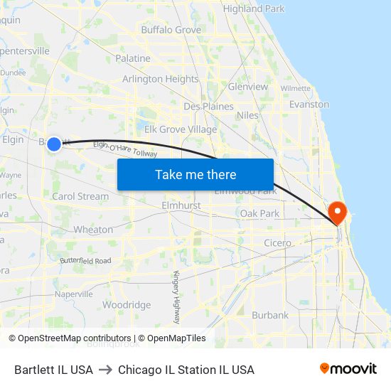 Bartlett IL USA to Chicago IL Station IL USA map