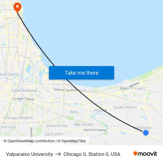 Valparaiso University to Chicago IL Station IL USA map