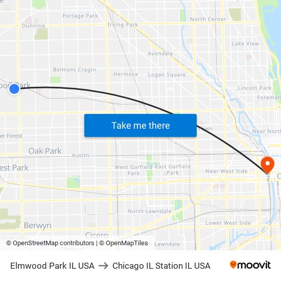 Elmwood Park IL USA to Chicago IL Station IL USA map