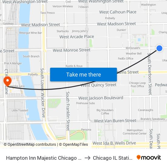 Hampton Inn Majestic Chicago Theatre District to Chicago IL Station IL USA map