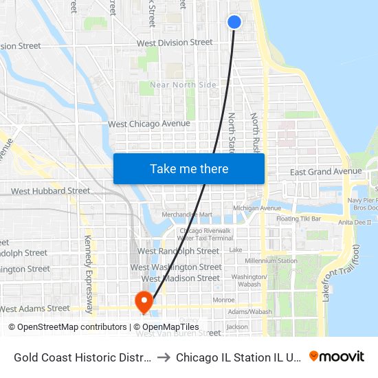 Gold Coast Historic District to Chicago IL Station IL USA map