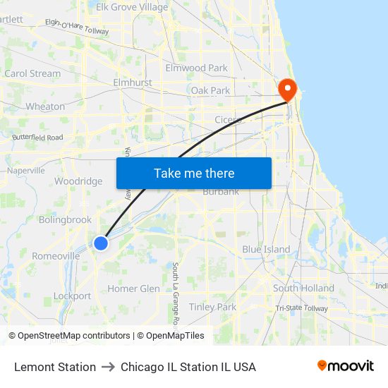 Lemont Station to Chicago IL Station IL USA map