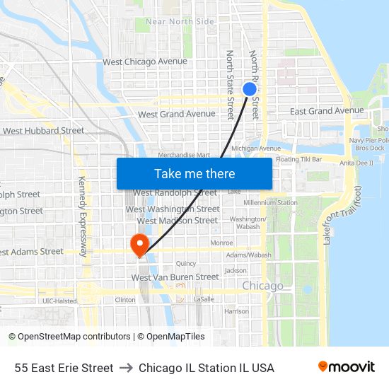 55 East Erie Street to Chicago IL Station IL USA map