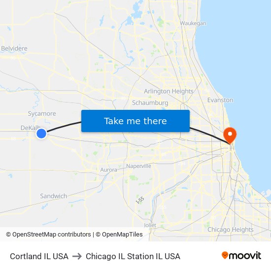 Cortland IL USA to Chicago IL Station IL USA map