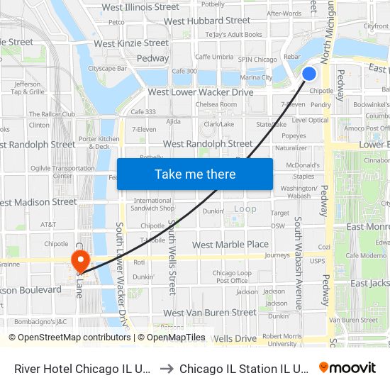 River Hotel Chicago IL USA to Chicago IL Station IL USA map