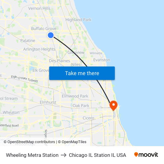 Wheeling Metra Station to Chicago IL Station IL USA map