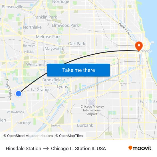 Hinsdale Station to Chicago IL Station IL USA map