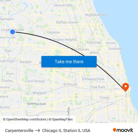 Carpentersville to Chicago IL Station IL USA map