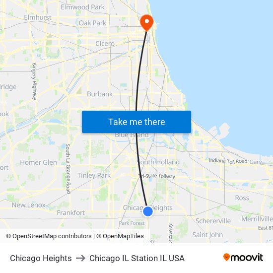 Chicago Heights to Chicago IL Station IL USA map