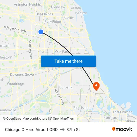 Chicago O Hare Airport ORD to 87th St map