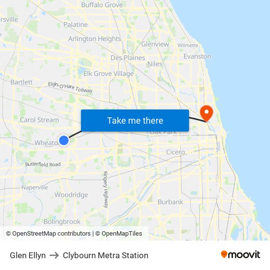 Glen Ellyn to Clybourn Metra Station map