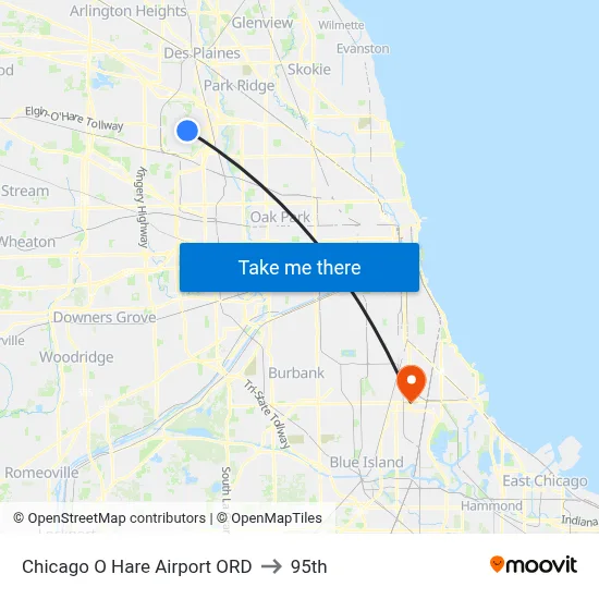 Chicago O Hare Airport ORD to 95th map