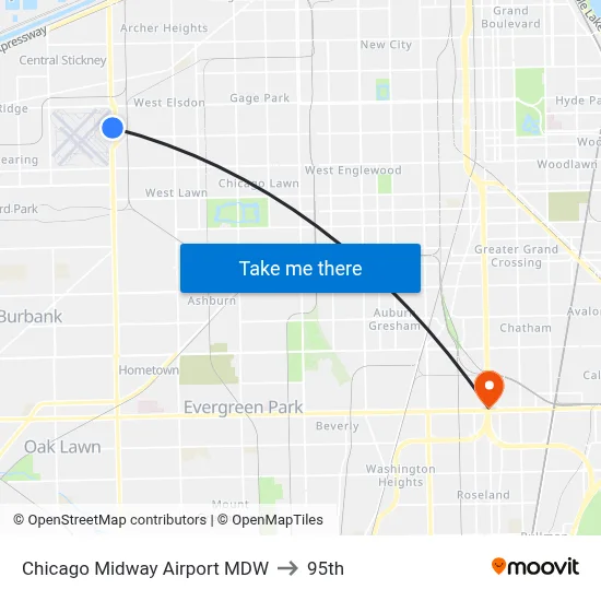 Chicago Midway Airport MDW to 95th map