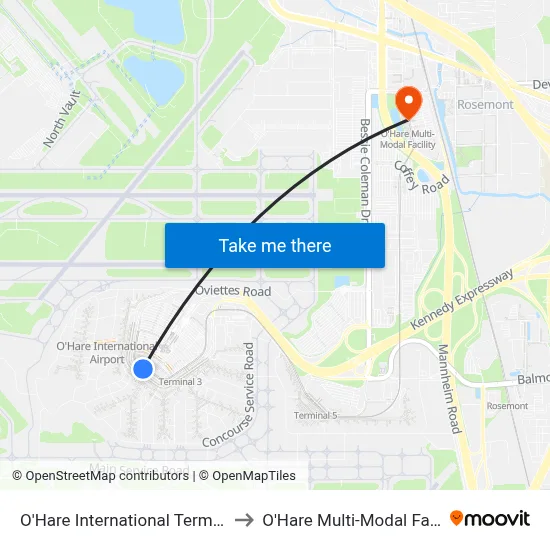 O'Hare International Terminal 2 to O'Hare Multi-Modal Facility map
