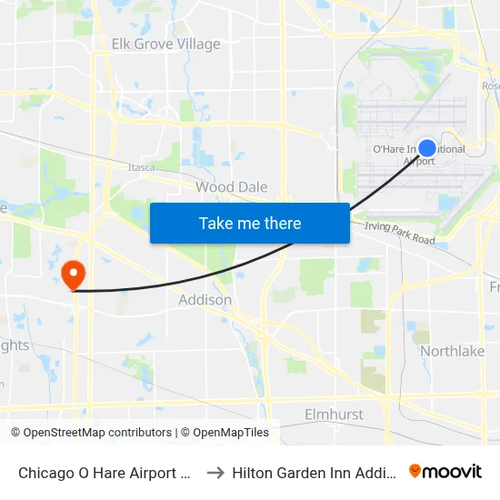 Chicago O Hare Airport ORD to Hilton Garden Inn Addison map