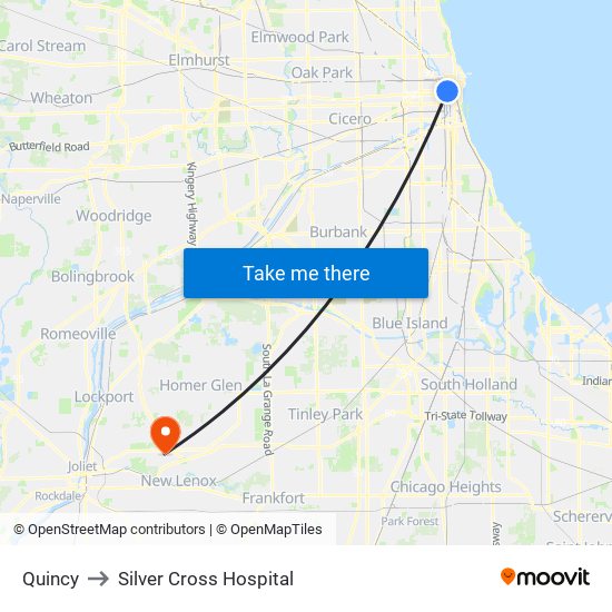 Quincy to Silver Cross Hospital map