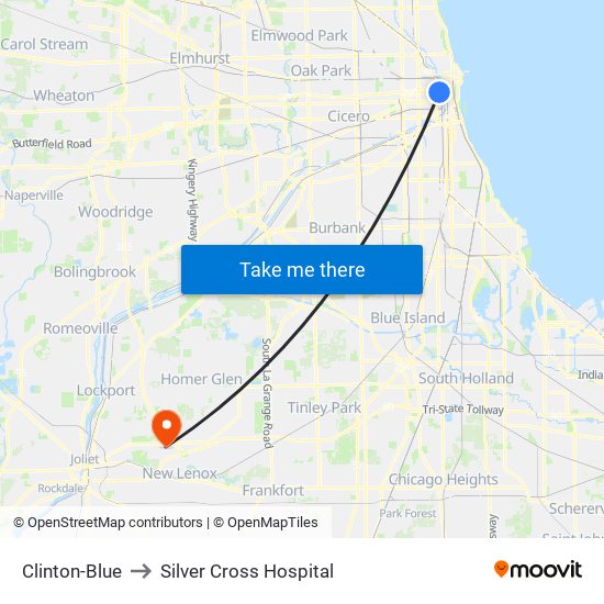 Clinton-Blue to Silver Cross Hospital map