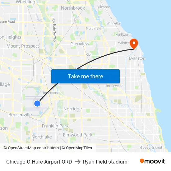 Chicago O Hare Airport ORD to Ryan Field stadium map
