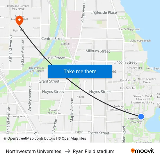 Northwestern Üniversitesi to Ryan Field stadium map