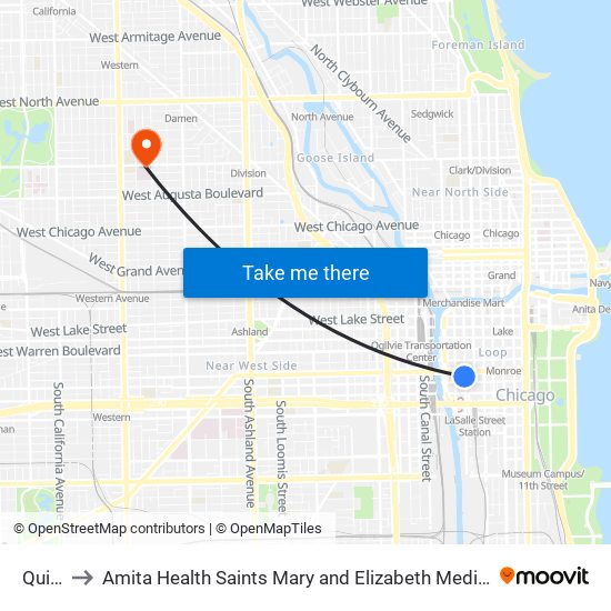 Quincy to Amita Health Saints Mary and Elizabeth Medical Center Chicago map