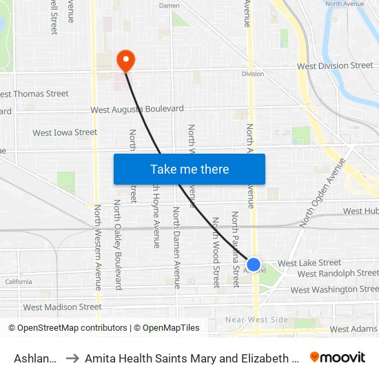 Ashland-Lake to Amita Health Saints Mary and Elizabeth Medical Center Chicago map