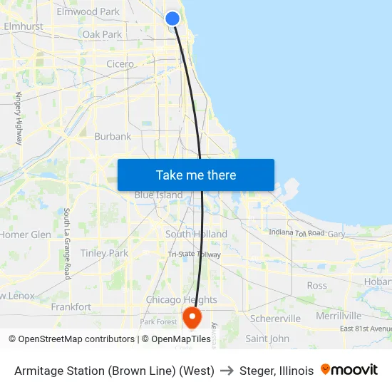 Armitage Station (Brown Line) (West) to Steger, Illinois map