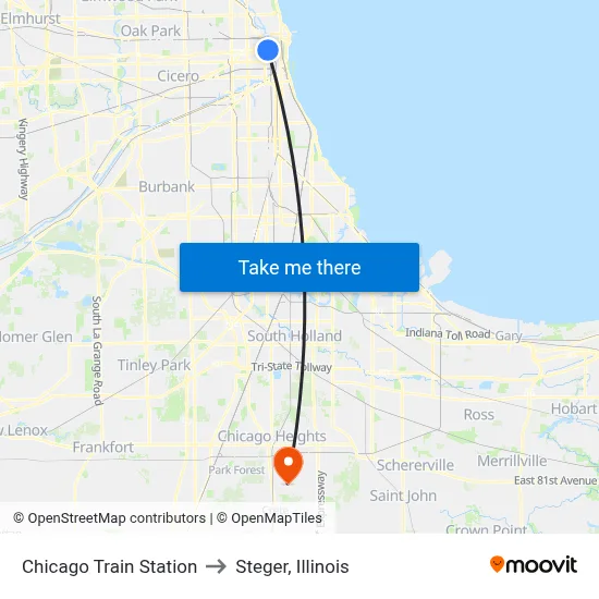 Chicago Train Station to Steger, Illinois map