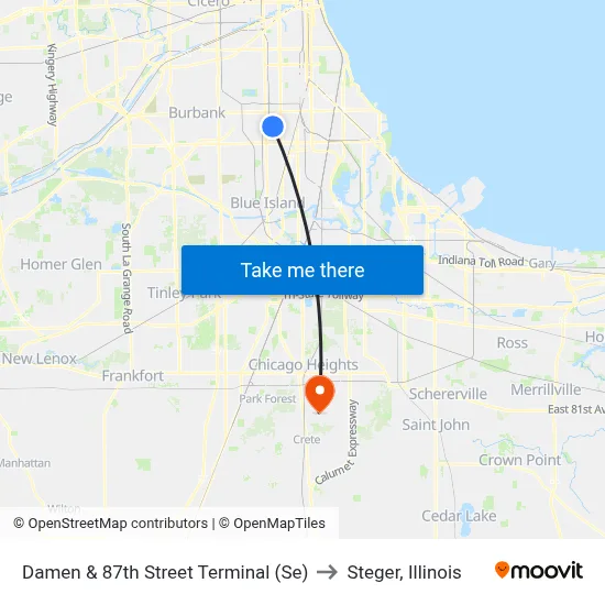 Damen & 87th Street Terminal (Se) to Steger, Illinois map