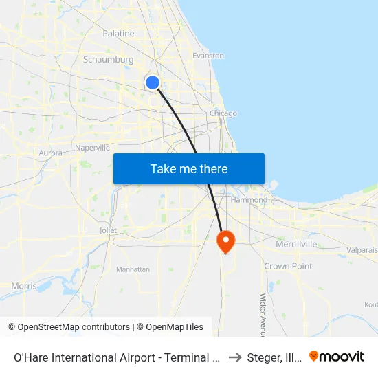 O'Hare International Airport - Terminal 1 Departures to Steger, Illinois map