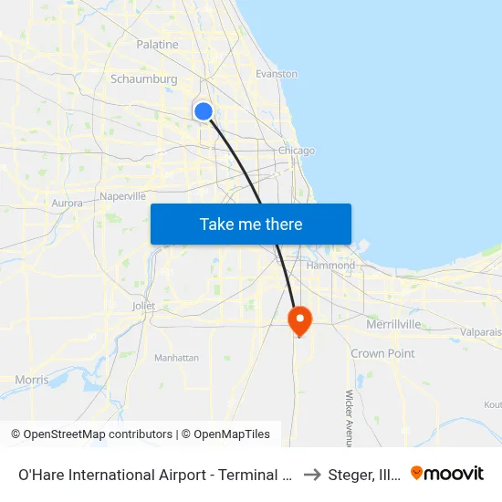 O'Hare International Airport - Terminal 2 Departures to Steger, Illinois map