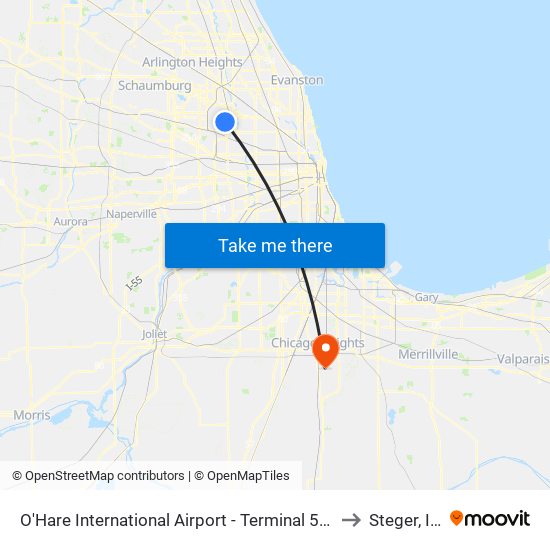 O'Hare International Airport - Terminal 5 Arrivals/Departures to Steger, Illinois map