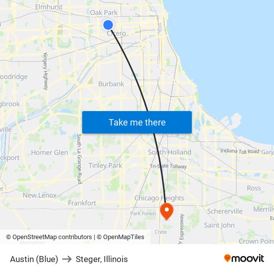 Austin (Blue) to Steger, Illinois map