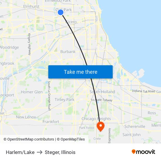 Harlem/Lake to Steger, Illinois map