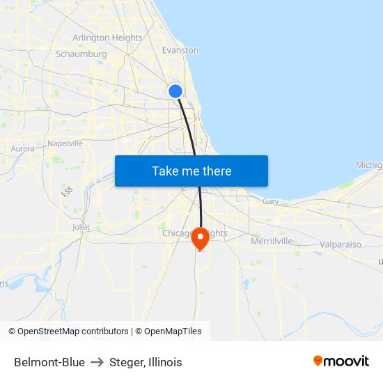 Belmont-Blue to Steger, Illinois map